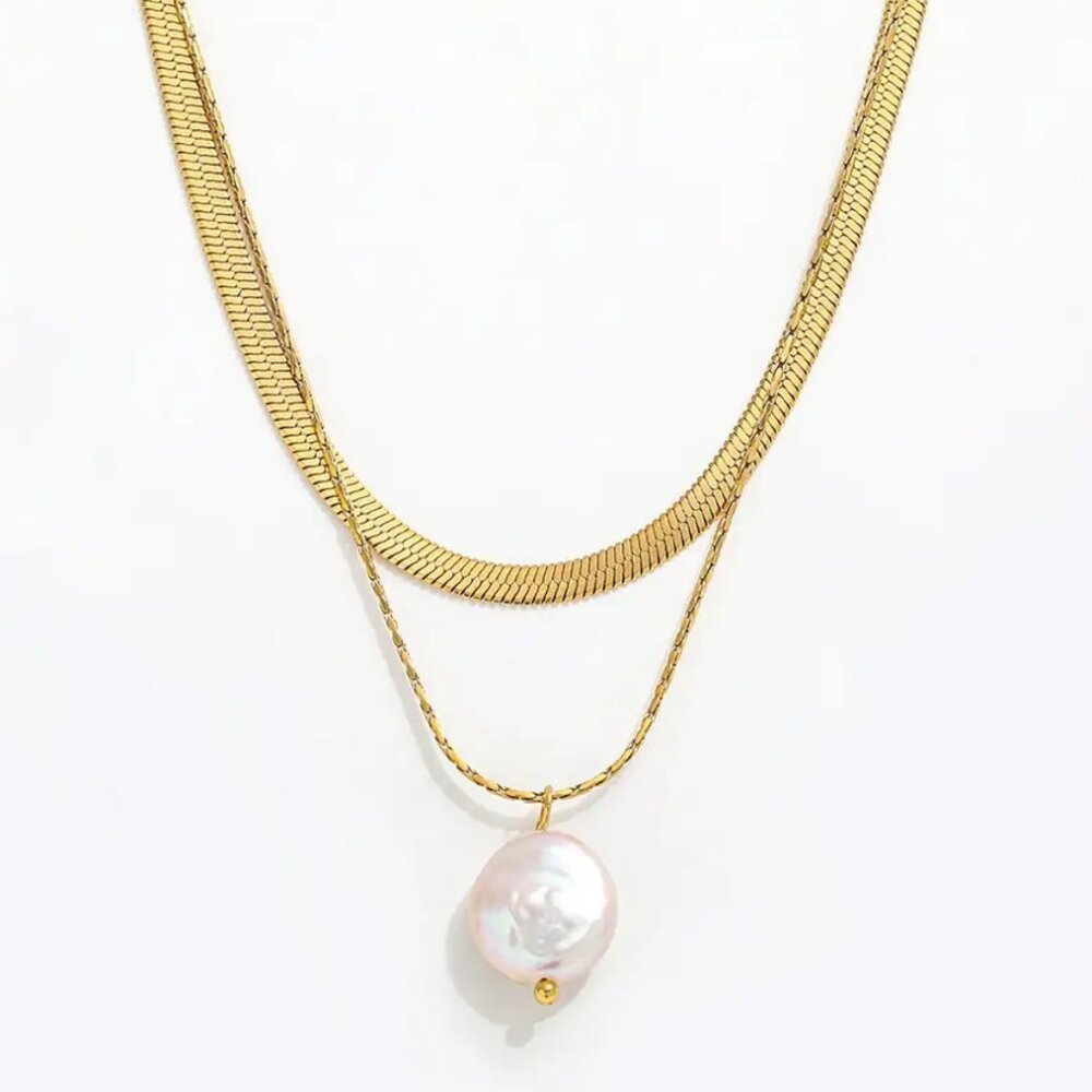 Double Layer Gold Necklace w/ Round Coin Pearl Herringbone & Dainty WATERPROOF